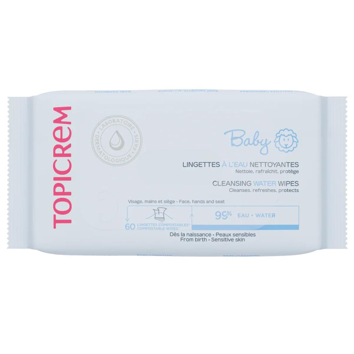 TOPICREM Lingettes à l'Eau Nettoyantes x 60 (Pack de 4: 3+1)